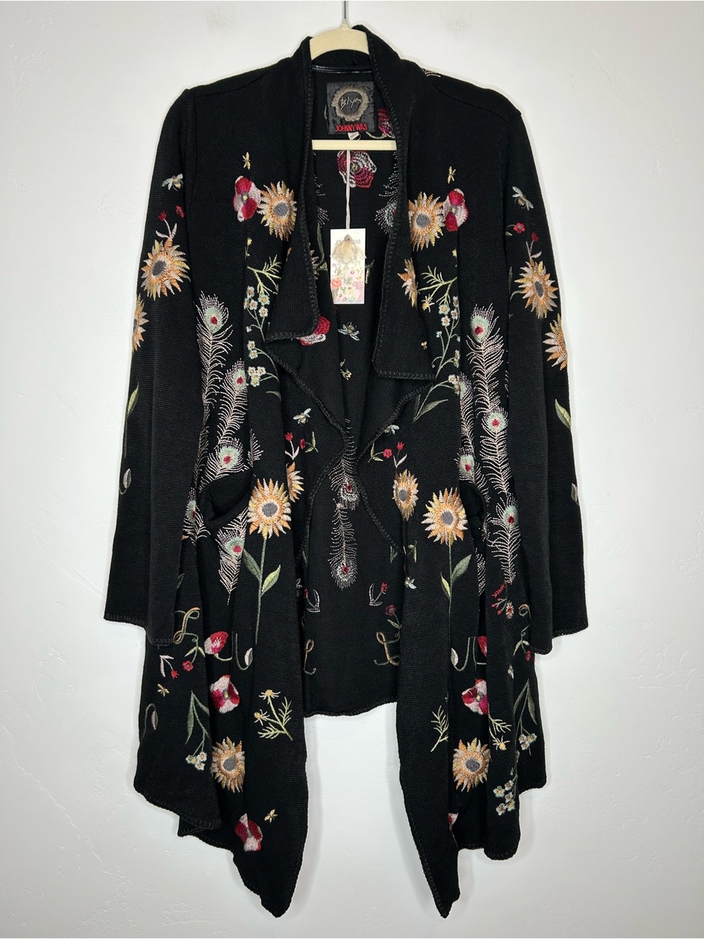 NWT Johnny Was Black Floral Embroidered Waterfall Perennial Sweater Cardigan LG